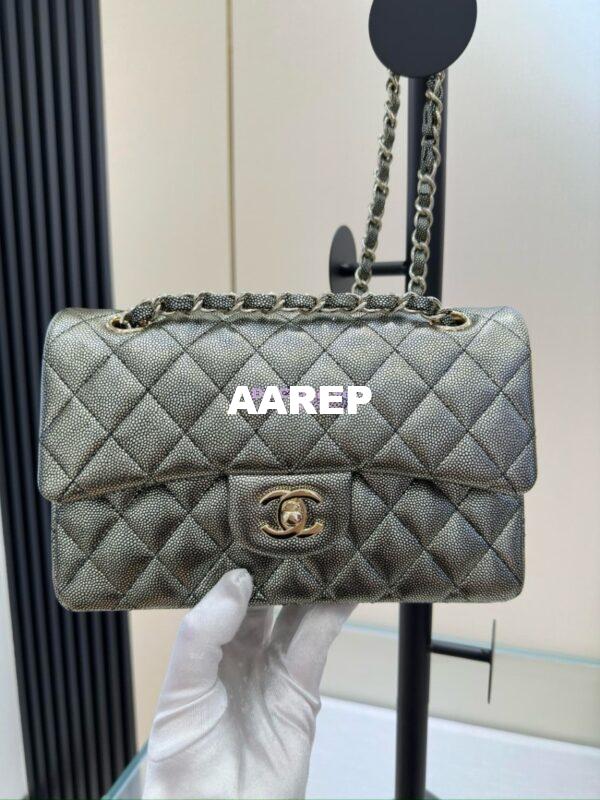 Replica Chanel Small Classic Double Flap Bag in Light Gold Hardware 23cm Iridescent Metallic Black with White Spot Quilted Caviar 6