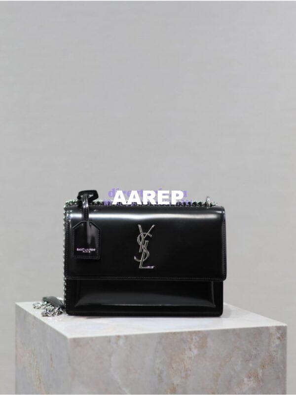 Replica YSL Saint Laurent Medium Sunset Satchel In Patent Leather 634723 Black 3