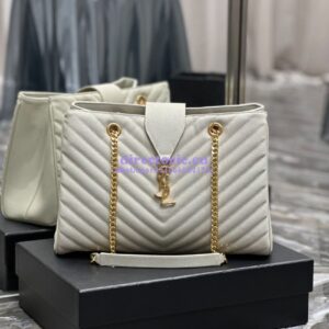 Replica YSL Saint Laurent Classic Chevron Quilted Monogram Shopping Bag in Grained Calfskin 668900 White