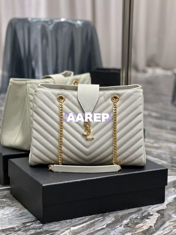 Replica YSL Saint Laurent Classic Chevron Quilted Monogram Shopping Bag in Grained Calfskin 668900 White 3