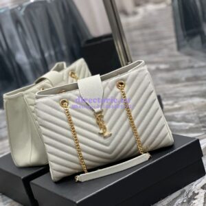 Replica YSL Saint Laurent Classic Chevron Quilted Monogram Shopping Bag in Grained Calfskin 668900 White 2