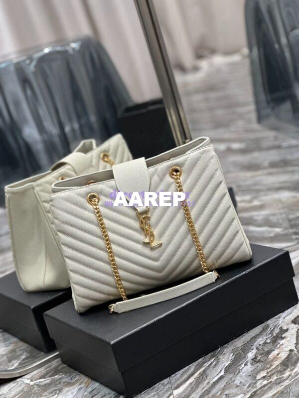 Replica YSL Saint Laurent Classic Chevron Quilted Monogram Shopping Bag in Grained Calfskin 668900 White 4
