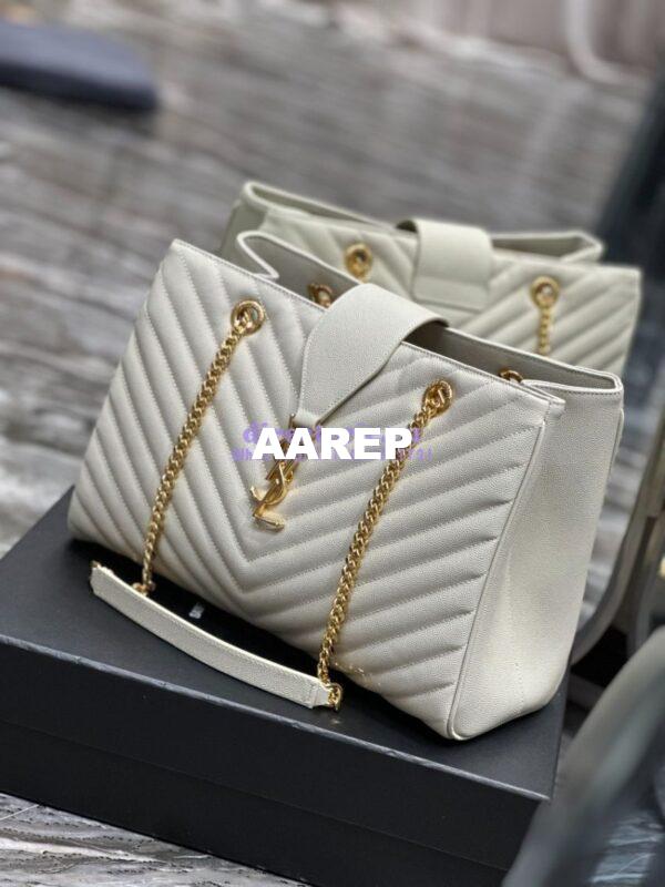 Replica YSL Saint Laurent Classic Chevron Quilted Monogram Shopping Bag in Grained Calfskin 668900 White 5