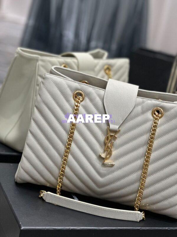 Replica YSL Saint Laurent Classic Chevron Quilted Monogram Shopping Bag in Grained Calfskin 668900 White 7