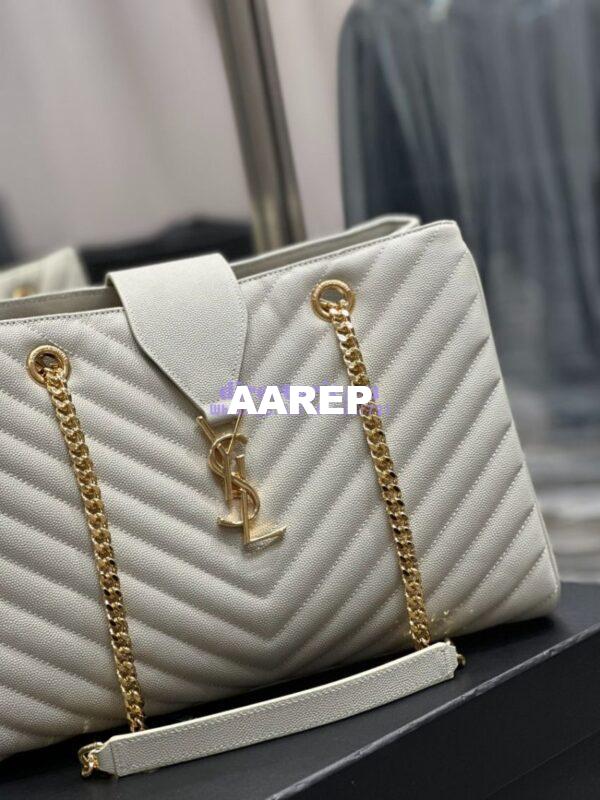 Replica YSL Saint Laurent Classic Chevron Quilted Monogram Shopping Bag in Grained Calfskin 668900 White 8