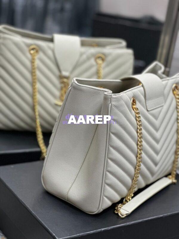Replica YSL Saint Laurent Classic Chevron Quilted Monogram Shopping Bag in Grained Calfskin 668900 White 9