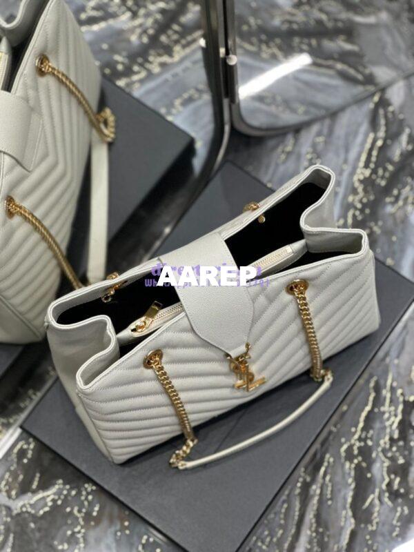 Replica YSL Saint Laurent Classic Chevron Quilted Monogram Shopping Bag in Grained Calfskin 668900 White 10