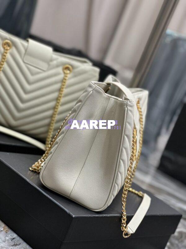 Replica YSL Saint Laurent Classic Chevron Quilted Monogram Shopping Bag in Grained Calfskin 668900 White 12