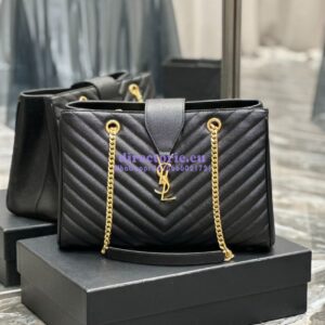 Replica YSL Saint Laurent Classic Chevron Quilted Monogram Shopping Bag in Grained Calfskin 668900 Black