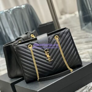 Replica YSL Saint Laurent Classic Chevron Quilted Monogram Shopping Bag in Grained Calfskin 668900 Black 2