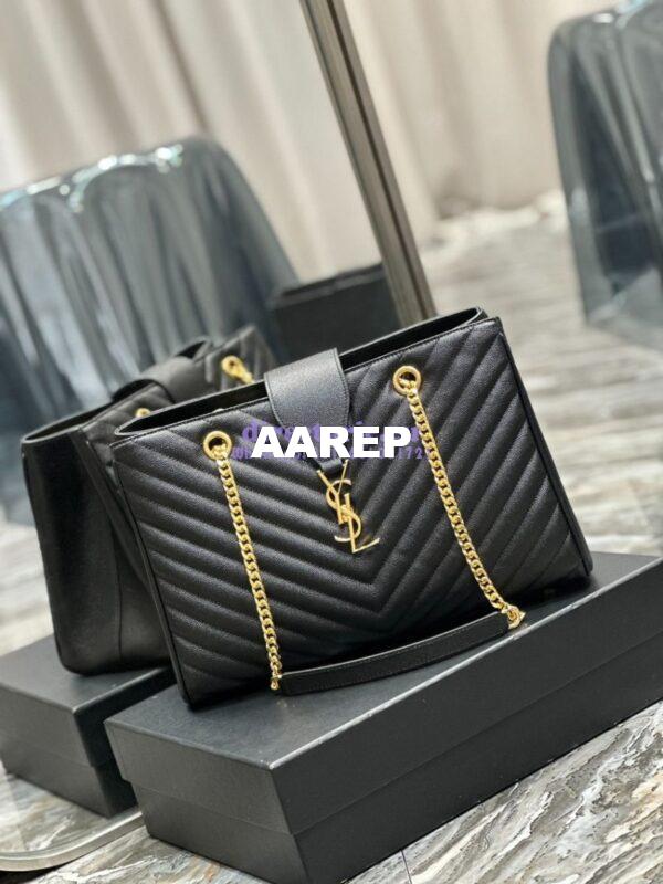 Replica YSL Saint Laurent Classic Chevron Quilted Monogram Shopping Bag in Grained Calfskin 668900 Black 2