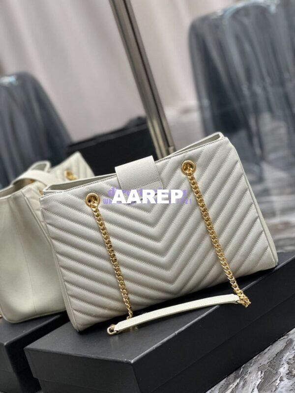 Replica YSL Saint Laurent Classic Chevron Quilted Monogram Shopping Bag in Grained Calfskin 668900 White 16