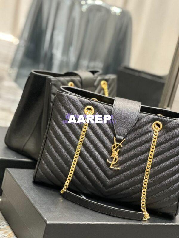 Replica YSL Saint Laurent Classic Chevron Quilted Monogram Shopping Bag in Grained Calfskin 668900 Black 6