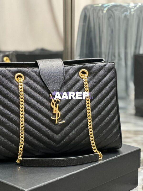Replica YSL Saint Laurent Classic Chevron Quilted Monogram Shopping Bag in Grained Calfskin 668900 Black 7