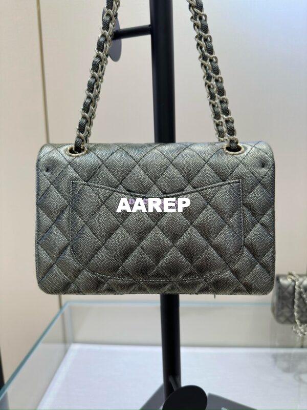 Replica Chanel Small Classic Double Flap Bag in Light Gold Hardware 23cm Iridescent Metallic Black with White Spot Quilted Caviar 13
