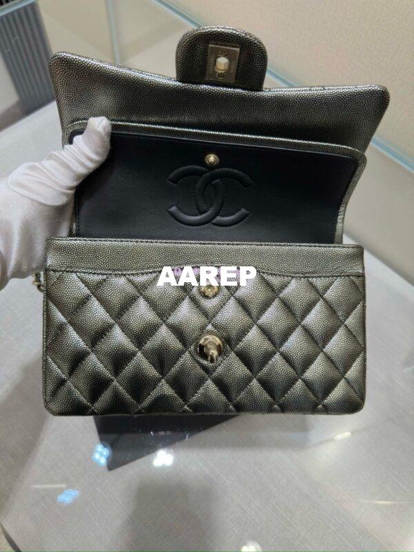 Replica Chanel Small Classic Double Flap Bag in Light Gold Hardware 23cm Iridescent Metallic Black with White Spot Quilted Caviar 14