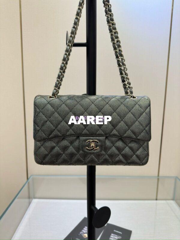 Replica Chanel CF Limited Edition 1112 Classic Flap Bag Iridescent Metallic Black with White Spot Qulited Grainy Caviar with Light Gold Hardware 4