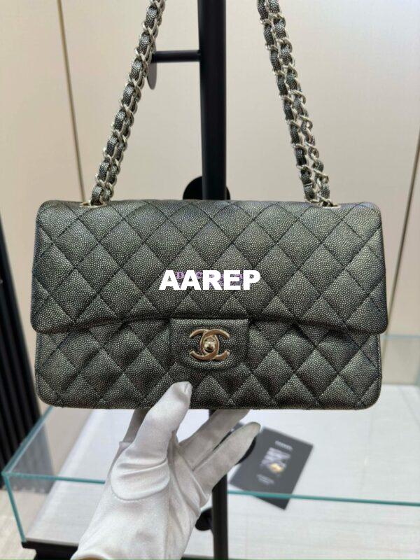 Replica Chanel CF Limited Edition 1112 Classic Flap Bag Iridescent Metallic Black with White Spot Qulited Grainy Caviar with Light Gold Hardware 5