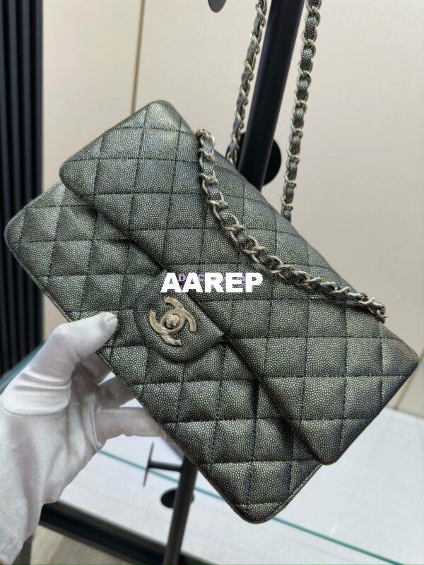 Replica Chanel CF Limited Edition 1112 Classic Flap Bag Iridescent Metallic Black with White Spot Qulited Grainy Caviar with Light Gold Hardware 6