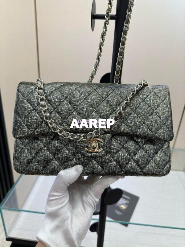 Replica Chanel CF Limited Edition 1112 Classic Flap Bag Iridescent Metallic Black with White Spot Qulited Grainy Caviar with Light Gold Hardware 7