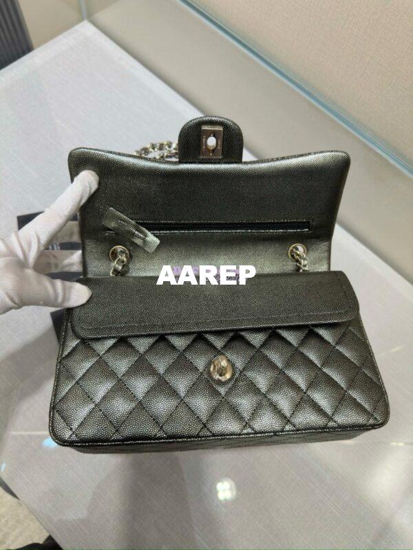 Replica Chanel CF Limited Edition 1112 Classic Flap Bag Iridescent Metallic Black with White Spot Qulited Grainy Caviar with Light Gold Hardware 13