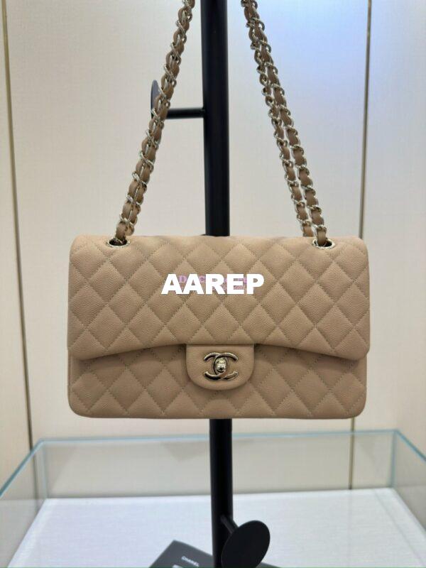 Replica Chanel CF 1112 Classic Flap Bag Qulited Grainy Caviar with Light Gold Hardware in Light Beige 3