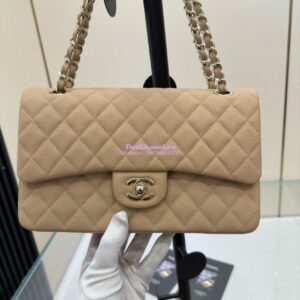 Replica Chanel CF 1112 Classic Flap Bag Qulited Grainy Caviar with Light Gold Hardware in Light Beige 2