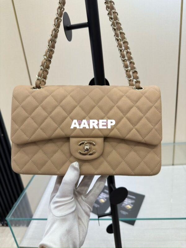 Replica Chanel CF 1112 Classic Flap Bag Qulited Grainy Caviar with Light Gold Hardware in Light Beige 4