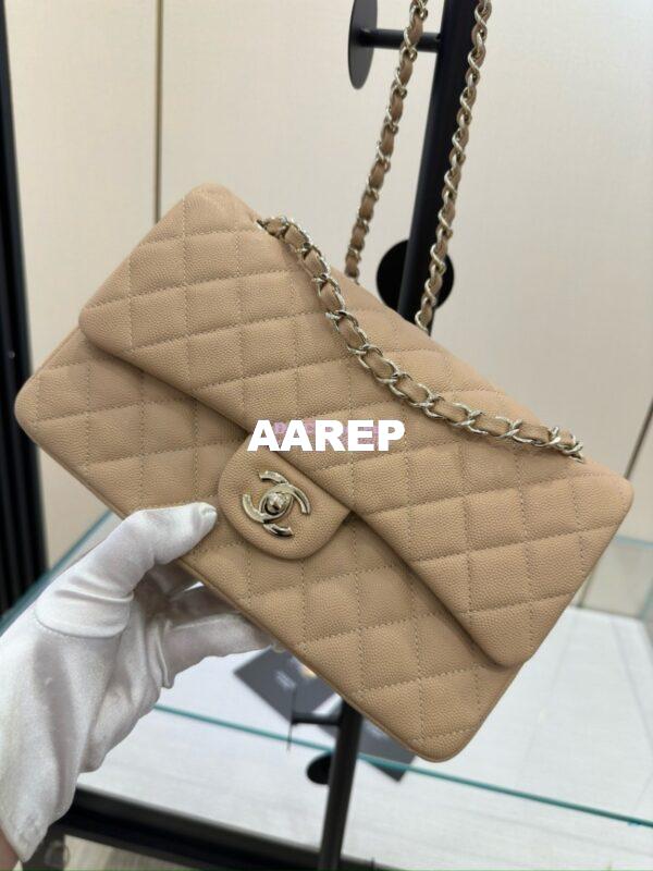 Replica Chanel CF 1112 Classic Flap Bag Qulited Grainy Caviar with Light Gold Hardware in Light Beige 5