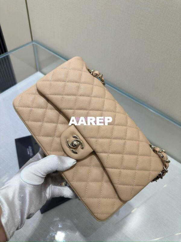 Replica Chanel CF 1112 Classic Flap Bag Qulited Grainy Caviar with Light Gold Hardware in Light Beige 8