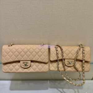 Replica Chanel Small Classic Double Flap Bag in Light Gold Hardware 23cm Quilted Grainy Caviar Beige