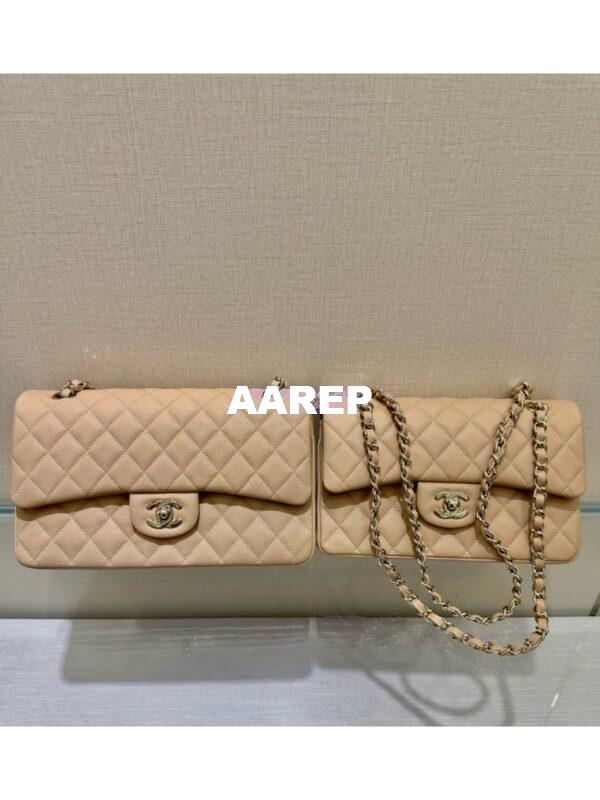 Replica Chanel Small Classic Double Flap Bag in Light Gold Hardware 23cm Quilted Grainy Caviar Beige