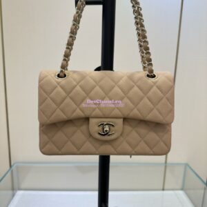 Replica Chanel Small Classic Double Flap Bag in Light Gold Hardware 23cm Quilted Grainy Caviar Beige 2