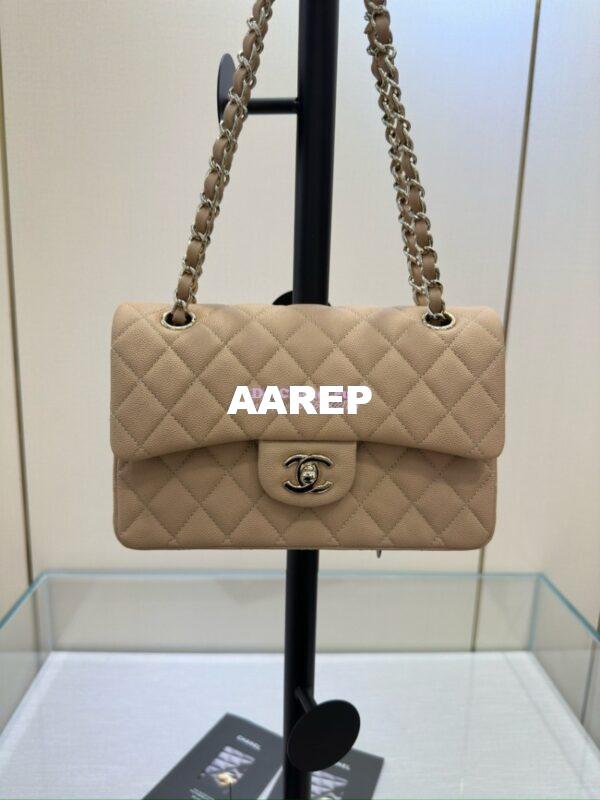 Replica Chanel Small Classic Double Flap Bag in Light Gold Hardware 23cm Quilted Grainy Caviar Beige 2