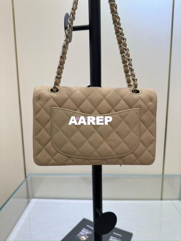 Replica Chanel Small Classic Double Flap Bag in Light Gold Hardware 23cm Quilted Grainy Caviar Beige 3