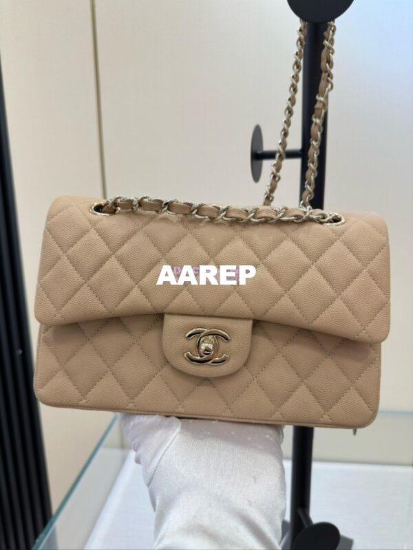 Replica Chanel Small Classic Double Flap Bag in Light Gold Hardware 23cm Quilted Grainy Caviar Beige 4