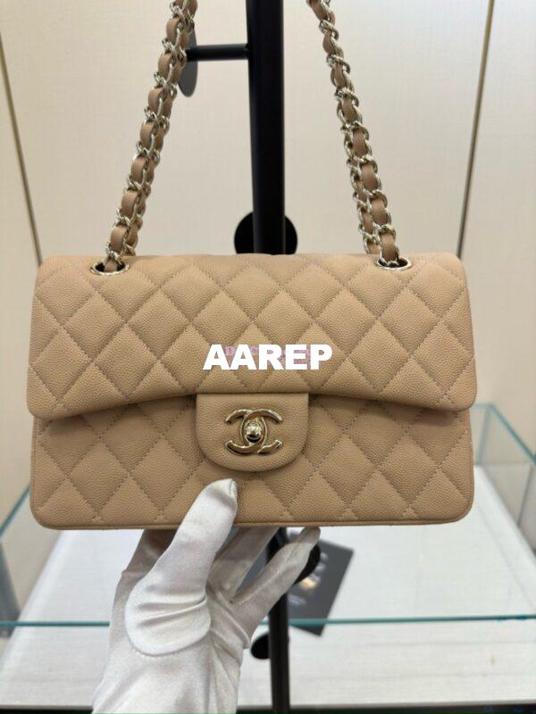 Replica Chanel Small Classic Double Flap Bag in Light Gold Hardware 23cm Quilted Grainy Caviar Beige 5