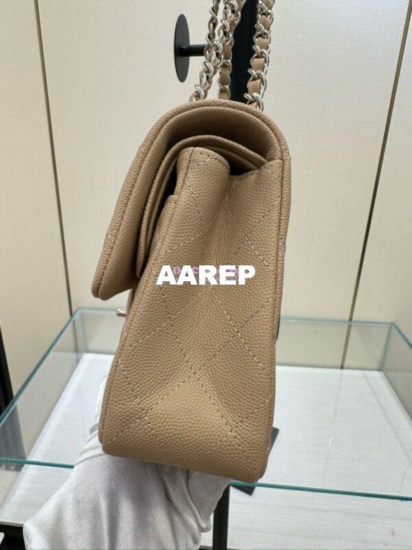 Replica Chanel Small Classic Double Flap Bag in Light Gold Hardware 23cm Quilted Grainy Caviar Beige 6