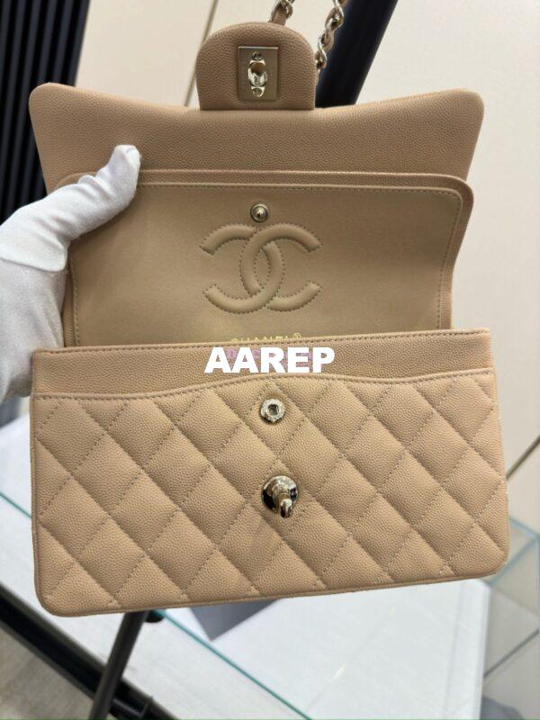 Replica Chanel Small Classic Double Flap Bag in Light Gold Hardware 23cm Quilted Grainy Caviar Beige 9