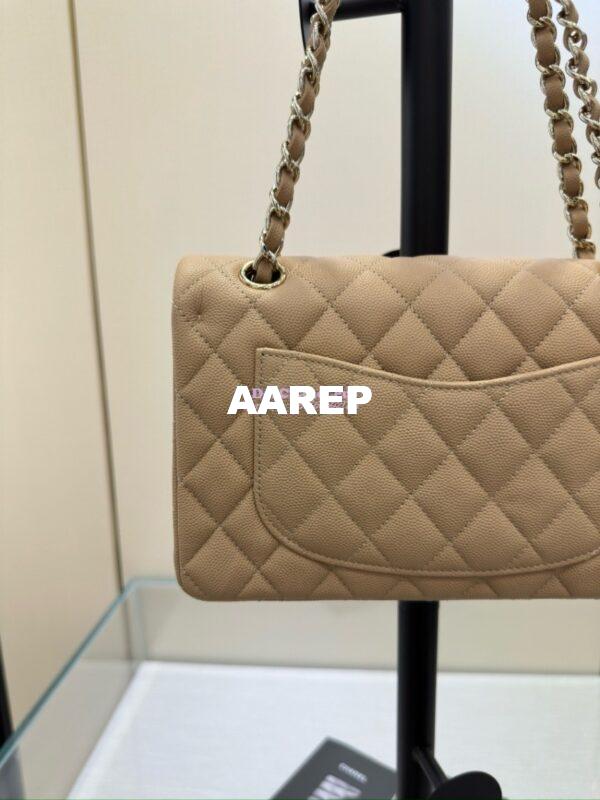 Replica Chanel Small Classic Double Flap Bag in Light Gold Hardware 23cm Quilted Grainy Caviar Beige 10