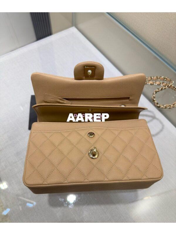Replica Chanel Small Classic Double Flap Bag in Light Gold Hardware 23cm Quilted Grainy Caviar Beige 12