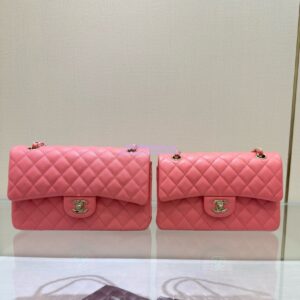 Replica Chanel Small Classic Double Flap Bag in Light Gold Hardware 23cm Quilted Grainy Caviar Coral Pink