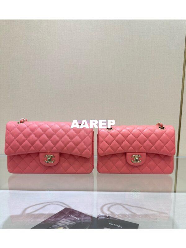 Replica Chanel Small Classic Double Flap Bag in Light Gold Hardware 23cm Quilted Grainy Caviar Coral Pink 3