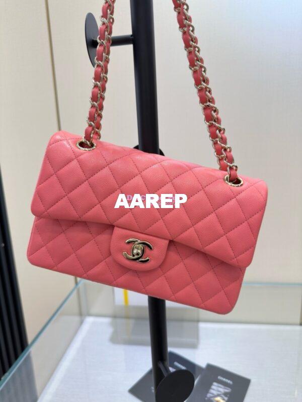 Replica Chanel Small Classic Double Flap Bag in Light Gold Hardware 23cm Quilted Grainy Caviar Coral Pink 4