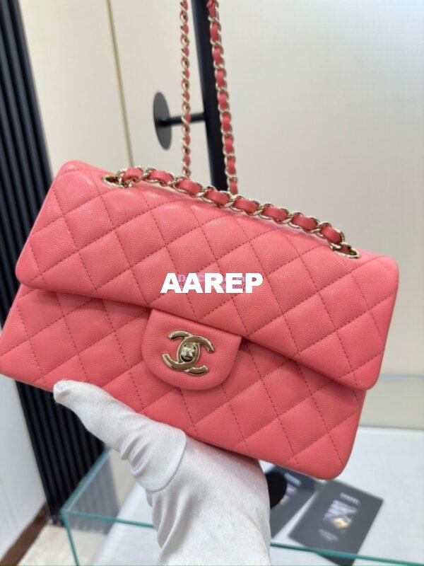 Replica Chanel Small Classic Double Flap Bag in Light Gold Hardware 23cm Quilted Grainy Caviar Coral Pink 6