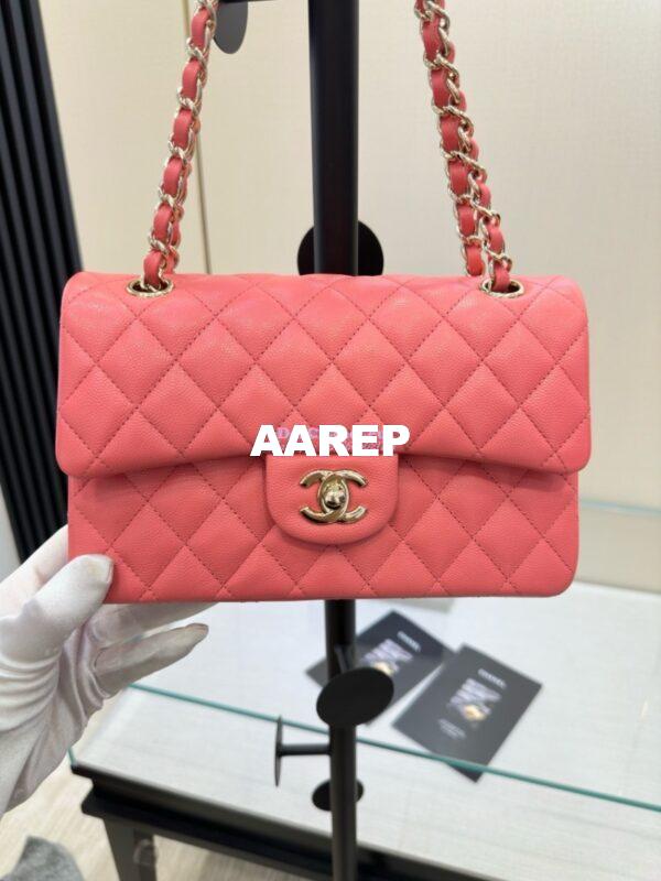 Replica Chanel Small Classic Double Flap Bag in Light Gold Hardware 23cm Quilted Grainy Caviar Coral Pink 7