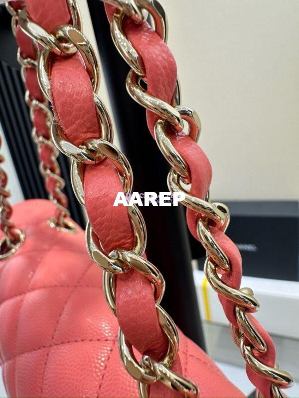 Replica Chanel Small Classic Double Flap Bag in Light Gold Hardware 23cm Quilted Grainy Caviar Coral Pink 10