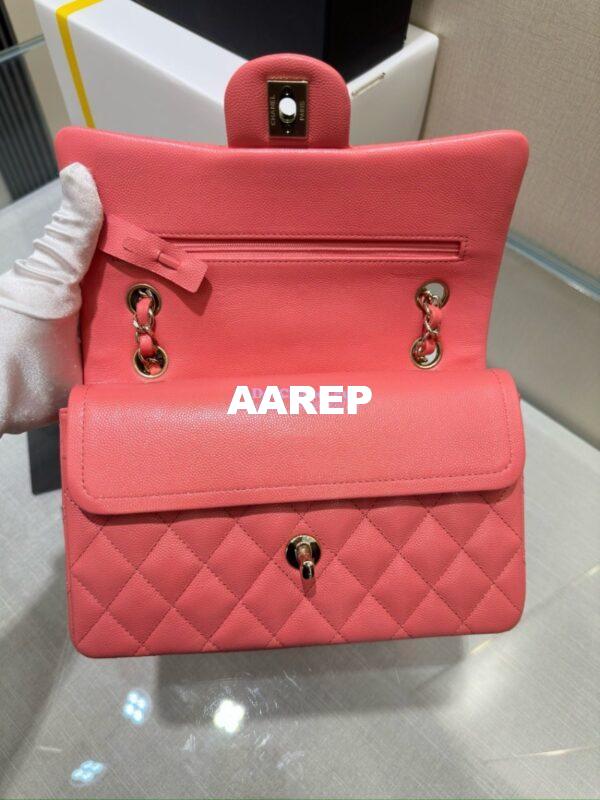 Replica Chanel Small Classic Double Flap Bag in Light Gold Hardware 23cm Quilted Grainy Caviar Coral Pink 14