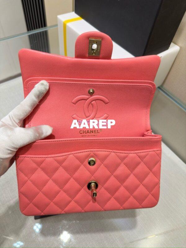 Replica Chanel Small Classic Double Flap Bag in Light Gold Hardware 23cm Quilted Grainy Caviar Coral Pink 15