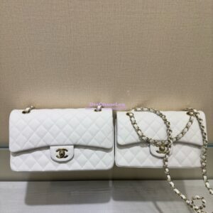 Replica Chanel Small Classic Double Flap Bag in Light Gold Hardware 23cm Quilted Grainy Caviar white